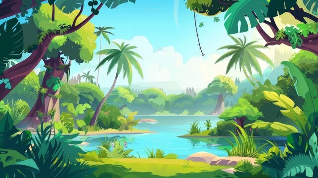 Cartoon jungle with lake. Tropical rainforest landscape with palm trees near swamps. Greenery ground meadow near pond water coast without any games.