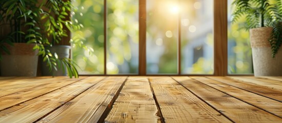 A light wooden textured table against a blurred summer window background.