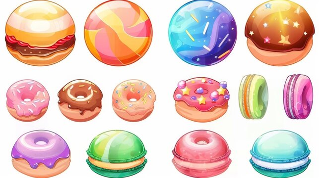 An adorable cartoon image of a space food planet with a sweet donut cake on top. A round chocolate galaxy design icon. A colorful macaron and cupcake sphere dessert kit. Magic 2D UI template - jammy