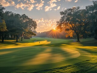 beautiful golf course at sunset or sunrise, generative ai
