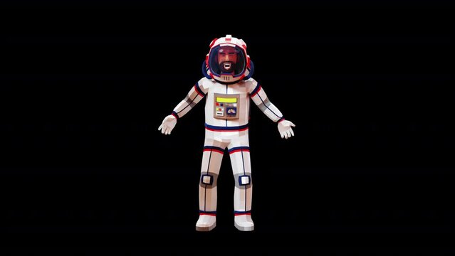 Astronaut in spacesuit speaks and gesticulates emotionally. 3d looped animation with alpha channel.