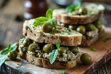Two olive pate sandwiches - obrazy, fototapety, plakaty
