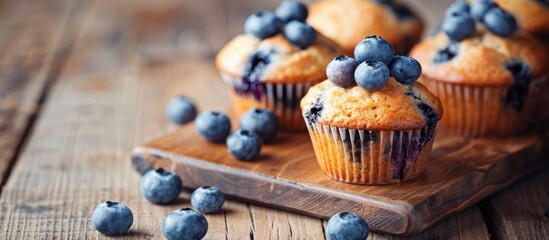 Blueberry muffins placed on a wooden board on a table. - obrazy, fototapety, plakaty