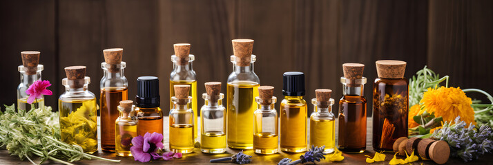 A Rustic Display of Diverse Essential Oils and Herbal Elements - obrazy, fototapety, plakaty