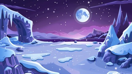 North pole modern landscape at night with a full moon. Cartoon illustration with frozen water and ice arch. Freeze lake and snowy hill outdoors in antarctica. - obrazy, fototapety, plakaty
