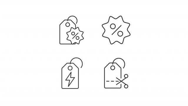 Animated price tags icons. Sale related line animation library. Price reduction. Sale tag. Price cutting. Black illustrations on white background. HD video with alpha channel. Motion graphic