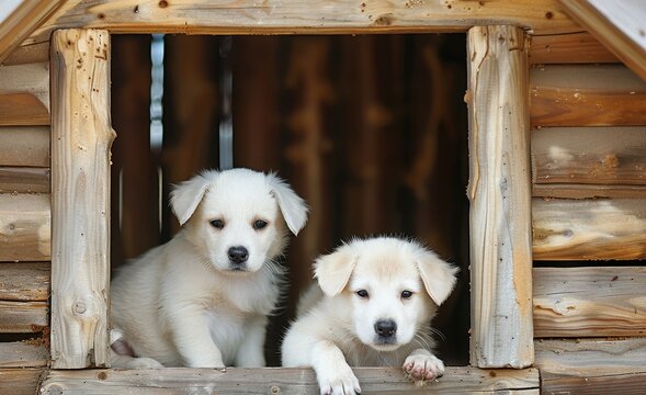 two small white puppies in a wooden doghouse