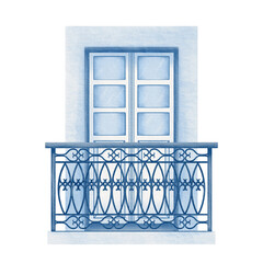 Balcony door with wooden frames, openwork metal fence, wooden railing as an element of medieval house facade in the center of old European town in monochrome colors.For stickers,postcards
