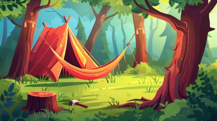 Summer forest camping scene with hammock and ax in stump. Spring forrest location environment for campsite panorama campaign. Woods nature concept. - obrazy, fototapety, plakaty