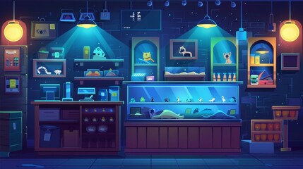 A closed dark pet store interior at night. Cartoon pet shop with domestic animals care stuff and accessories. Counter with cash register and shelves with cat and dog food, dog houses and beds.