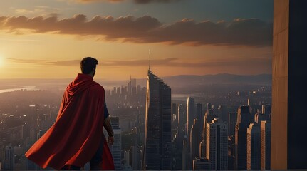 A super hero wearing a long red cape and boots standing on the top of a tall building looking at a metropolis city with the sunset in the background.generative.ai  - obrazy, fototapety, plakaty