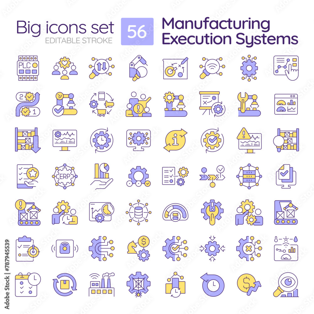 Poster Manufacturing execution systems RGB color icons set. Production processes optimization. Material management. Isolated vector illustrations. Simple filled line drawings collection. Editable stroke