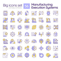 Manufacturing execution systems RGB color icons set. Production processes optimization. Material management. Isolated vector illustrations. Simple filled line drawings collection. Editable stroke