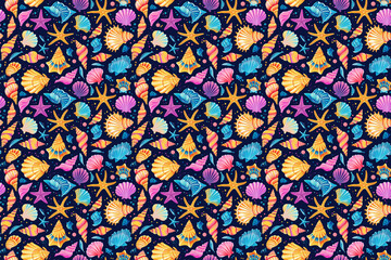 vibrant sea shells and starfish on a dark background pattern