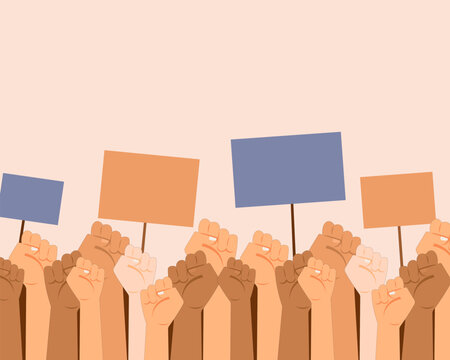 Group of protestors fists raised up in the air with voting banner election campaign for civil rights, protest events, rally
