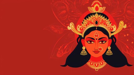 Shri Druga, the Indian God of Death, on a red background of Happy Durga Puja Subh Navratri. Modern illustration.