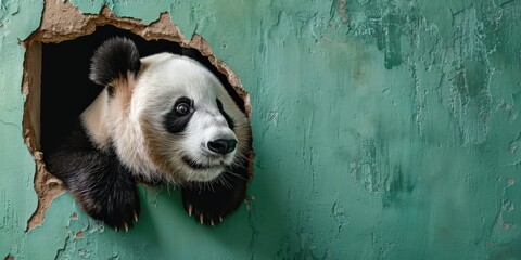 Close up view picture of the hollow green hole on the the wall that show the panda stay inside the...