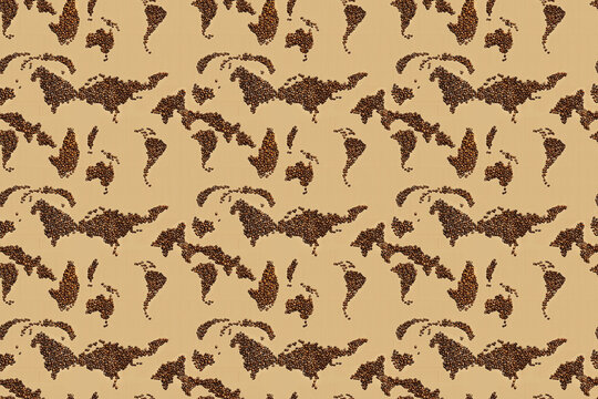 Coffee beans world map on a beige seamless pattern background