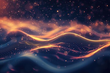 A mesmerizing abstract visualization of a golden particle wave flowing with dynamic motion and...