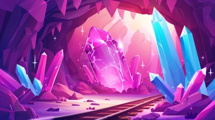 Fotobehang Violet Animated pink crystal mine cave entrance. Fantasy underground treasure design image. Magic mineral gemstone inside mountain landscape with railway. Location of bright canyon dungeon.