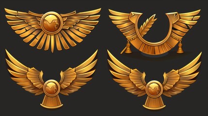 Old Egypt UI game gold frame modern symbol. Egyptian pharaoh decoration element. Mythology border line with wings kit. Golden different UI divider clipart. - obrazy, fototapety, plakaty