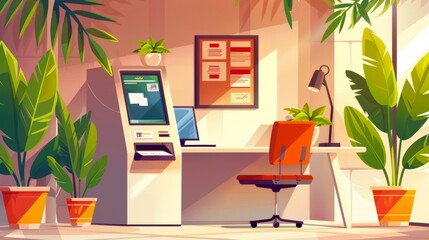 Illustration of banking center with customer service furniture and equipment. This cartoon illustration set includes a manager's desk, an ATM and brochure rack, plants, and a waiting bench.