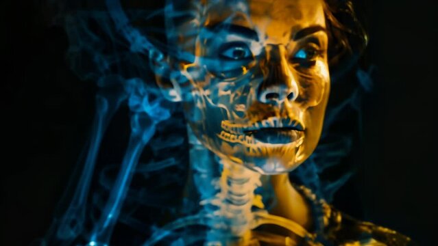 Mysterious and surreal image of a human skull and upper body skeleton emerging amidst swirling blue and gold smoke. 