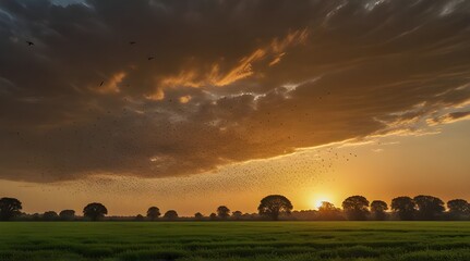 Locust swarm over a lush green field at sunset. Significant natural event, with insects impact on agriculture and the environment.generative.ai 