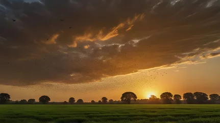 Foto op Canvas Locust swarm over a lush green field at sunset. Significant natural event, with insects impact on agriculture and the environment.generative.ai  © Akash