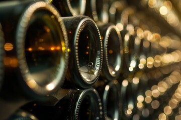 Wine bottles stacked in rows in a cellar