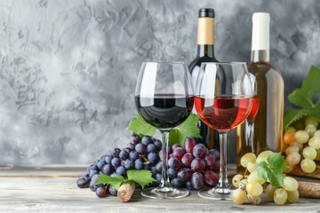 Obraz premium Wine glass with wine two bottles and grapes