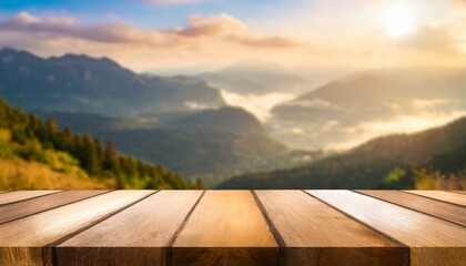Naklejka na ściany i meble Summit Showcase: Wood Tabletop with Blurred Mountain Background for Product Display