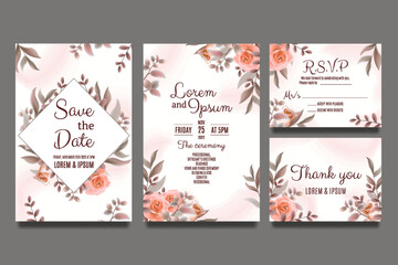 Wedding invitation template with roses and leaves