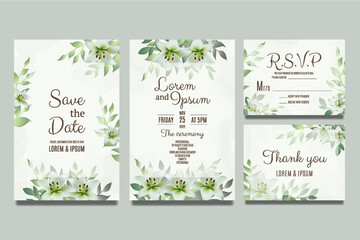 Wedding invitation template with green lily and leaves