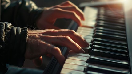 Close up details such as hands on keyboard or piano to play music.