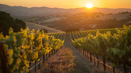 A picturesque European vineyard at sunset, showcasing the serene beauty of rolling vineyards,...