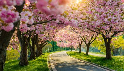 Spring's Splendor: Sakura Cherry Blossom Alley, a Picturesque Park Lined with Rows of Blooming Trees"