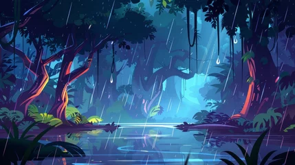 Foto op Canvas During the night a jungle forest is filled with rain. Modern illustration of river flowing between old trees with green foliage and lianas on branches, reflecting raindrops on the surface of the © Mark
