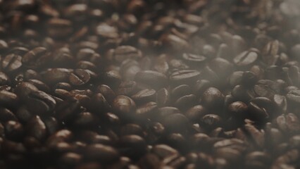 Close up of fresh brown coffee bean with roasted smoke from pile of coffee beans. Macrography of hot coffee seed with fragrant and scented hot smoke come from pile of bean. Top down view. Comestible.