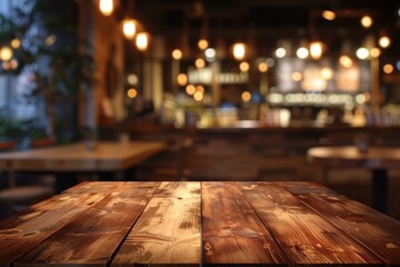 Wooden table blurry restaurant background