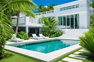 Luxury Escape: Tranquil pool setting in a tropical villa, surrounded by vibrant palms and a contemporary white staircase.