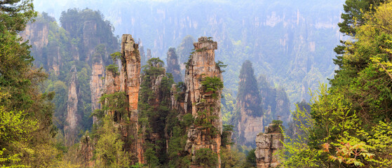 panoranic view of zhangjiajie national forest park Hunan, China.. a view from the top of the...