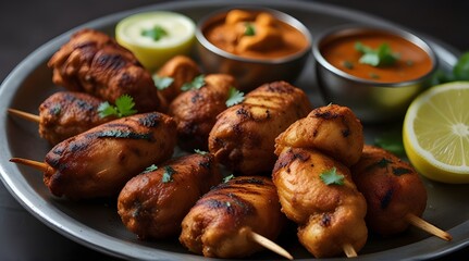 Fried chicken Kebab or Kabab, Chicken Tikka Masala in copper Kadai on dark black background Bangalore Hyderabad South India. Top view of Indian non veg food.generative.ai  - obrazy, fototapety, plakaty