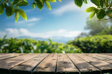 Wooden table top with blurred tea plantation against blue sky and green leaf frame Display concept with nature background - obrazy, fototapety, plakaty