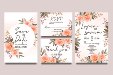 Wedding invitation template with orange roses and leaves