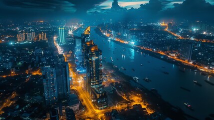 Aerial view of a beautiful skyscraper along the river light smooth down urban development near Ho Chi Minh City Vietnam - obrazy, fototapety, plakaty