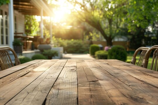 Wooden table with blurred outdoor dining area