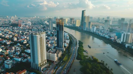 Fototapeta na wymiar Aerial view of a beautiful skyscraper along the river light smooth down urban development near Ho Chi Minh City Vietnam