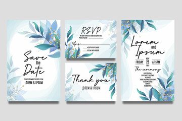 Wedding invitation template with blue leaves