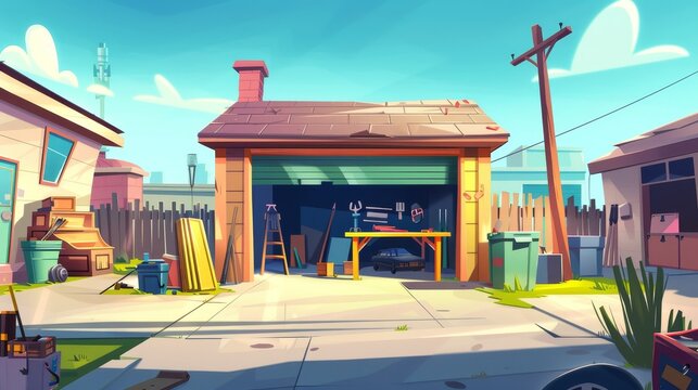 Typical garage interior cartoon with tool storage. Workshop inside illustration with parking near house. Garage at home with table and inventory racks.